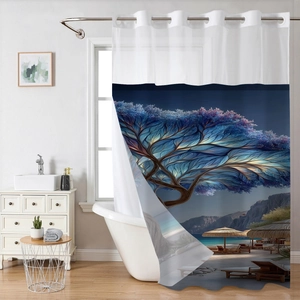 Waterproof waffle shower curtain with blue glowing tree beach print and metal rings