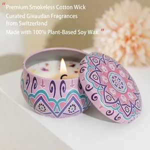 Candele Profumate Aromaterapia Cera Di Soia Con Fiori Secchi Lattine Di Metallo Motivi Mandala Bohémien Regalo Natale Casa