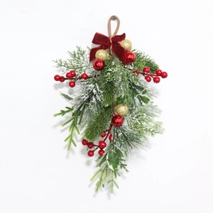 Christmas Teardrop Swag Artificial Pine Needles Red Berries Gold Balls Red Velvet Bow Wall Hanging Snow Flocked Ornament