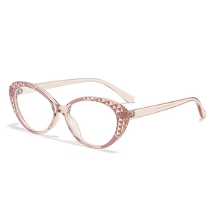 Pink cat-eye blue light blocking glasses with stylish textured frame on white background