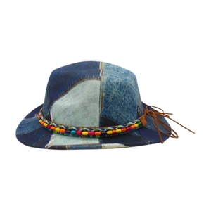 Detail of blue denim patchwork cowboy hat with colorful beads and leather tassels
