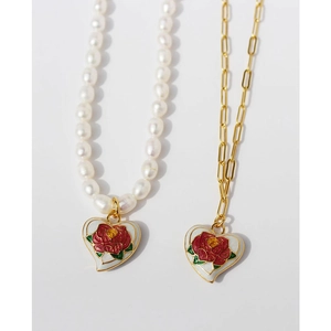 Heart Pendant Necklace Brass Gold Plated Enamel Rose Flower Vintage French Style Artificial Pearl Paperclip Chain Jewelry