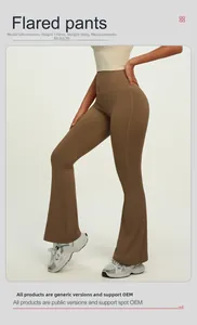Detail view of high-waist flared yoga pants showing flexible fabric and reinforced seams