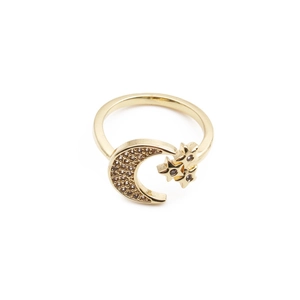 Minimalist gold star and moon open ring with cubic zirconia for women, white background