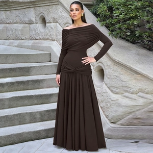 Detail view of coffee brown off-shoulder pleated maxi dress with elegant long sleeves