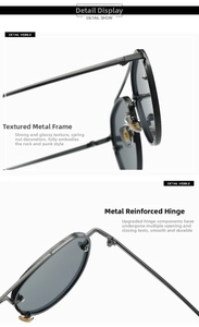 Detail view of reinforced metal hinges and spring nut decoration on rock punk sunglasses