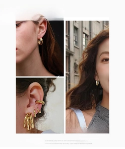 Detail of layered gold geometric circle earrings and cuff on model with anti-oxidation finish