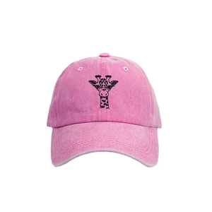 Pink washed cotton baseball cap with embroidered giraffe pattern and adjustable strap