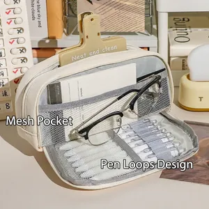 Minimalist large capacity beige canvas pencil case with mesh pocket and pen slots