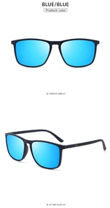 Detail of polarized square sunglasses with blue mirrored lenses and striped temple design