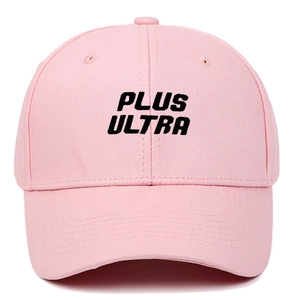 Pink cotton baseball cap with black PLUS ULTRA printed text on a white background