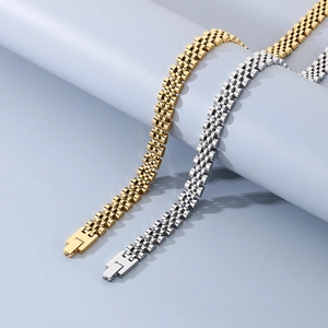 Detail of 10mm stainless steel watch band necklaces in gold and silver finish