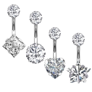 Set of 4 stainless steel belly rings with heart, star, square and round zircon gems