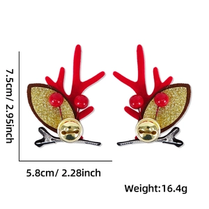 Detailed view of Christmas reindeer antler hair clips with size and weight dimensions