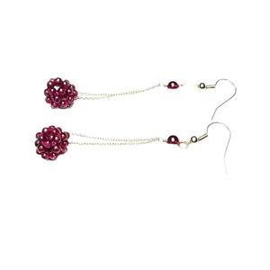 14K gold plated long chain earrings with handmade red garnet woven crystal balls