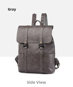 Seitenansicht-Detail eines grauen Vintage-Lederrucksacks mit Schnallen und Reißverschlüssen