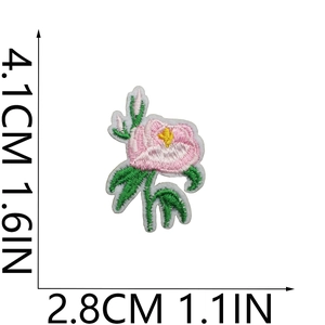 Detailed size specifications of pink peony flower embroidery patch with measurements