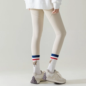 Detail of cotton five-finger socks with Corgi embroidery and red blue stripes