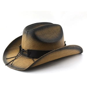 Cappello da cowboy marrone in paglia intrecciata con sfumatura nera e cintura