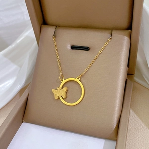 Gold titanium steel necklace with elegant butterfly and ring pendant in a jewelry gift box
