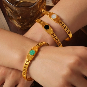 Retro titanium steel gold bracelets with inlaid white shell, black, and green stones