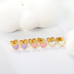 Three pairs of minimalist heart stud earrings in purple, pink, and white enamel finish
