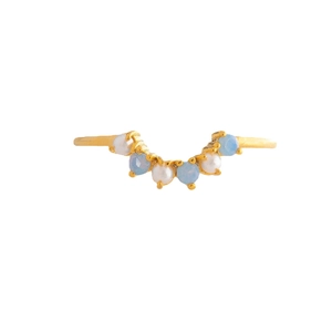 Detail of V-shaped gold ring with white pearls and light blue gemstones on white background