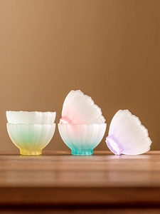Exquisite petal-shaped lotus glass tea cups with colorful frosted gradient textures