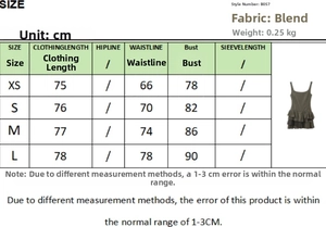 Size chart for women's pleated strap dress showing detailed length and bust measurements
