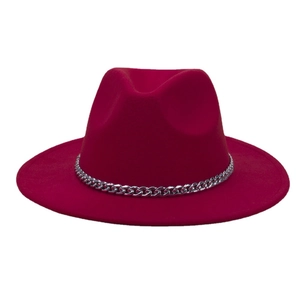 Deep red wool fedora hat with a stylish silver chain band for women winter fashion