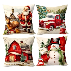 Set of four Christmas throw pillow covers featuring Santa, snowman, and red truck designs