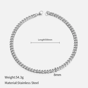Silver Cuban link chain detail showing 500mm length and 8mm width in stainless steel