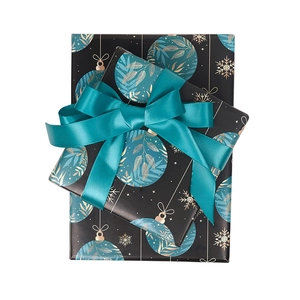 Christmas gift wrapping paper with teal and gold ornaments, featuring two gift boxes with bows