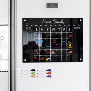 Magnetic acrylic monthly calendar on fridge with six colorful markers and to-do notes