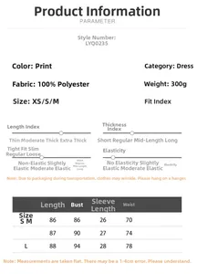 Detailed size chart for women's short sleeve dress with fabric and measurement details