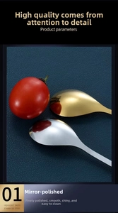 Detail of mirror-polished leaf dessert spoons in gold and silver stainless steel