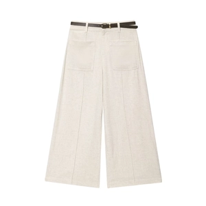 Linen blend wide-leg trousers in oatmeal with deep brown belt and large front patch pockets