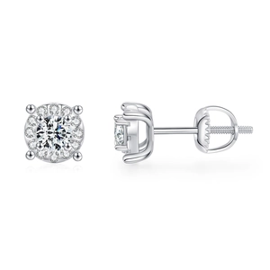 Classic 925 sterling silver moissanite stud earrings with round halo and screw back