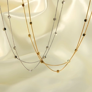 Geometric Square Bead Necklace Minimalist 18K Gold Plated Stainless Steel Layered Chain Chic Trendy Jewelry For Women Gift