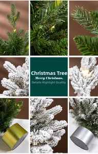 Detailed views of mini flocked Christmas trees with LED lights and metallic bases