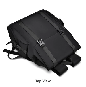 Detail view of the waterproof fabric and breathable mesh padding on this black backpack