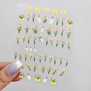 5D watercolor tulip nail stickers with thin and durable floral patterns for manicure