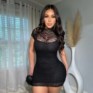 Sexy Lace Mini Dress For Women Slim Fit Sheer Mesh Short Sleeve Retro Elegant Bodycon Party Clubwear Outfits