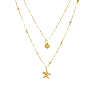 Close-up of gold double-layer necklace with pearl shell and starfish charms
