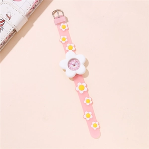 Pink kids quartz watch with flower-shaped dial and floral silicone strap on pink background