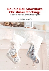 Detailed view of white plush Christmas stockings with snowflake embroidery hung on a fireplace