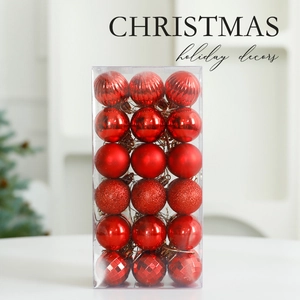 36-piece 4cm red Christmas tree ornaments set with glitter and matte finishes in a clear box