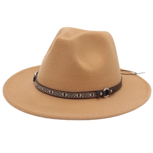 Ethnic camel wide-brim felt fedora hat for men and women with tribal leather band