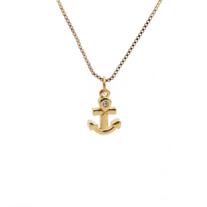 Gold plated anchor pendant necklace with sparkling zircon stone on minimalist box chain