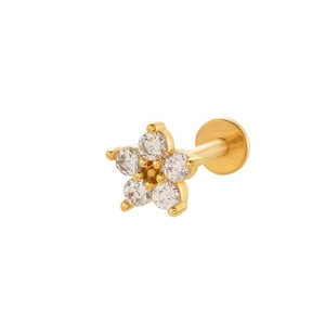 Gold stainless steel flower stud earring featuring clear cubic zirconia and flat back post